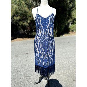 K Jordan Lace Dress Women's Large Navy Blue V-Neck Fringe Hem Spaghetti Strap